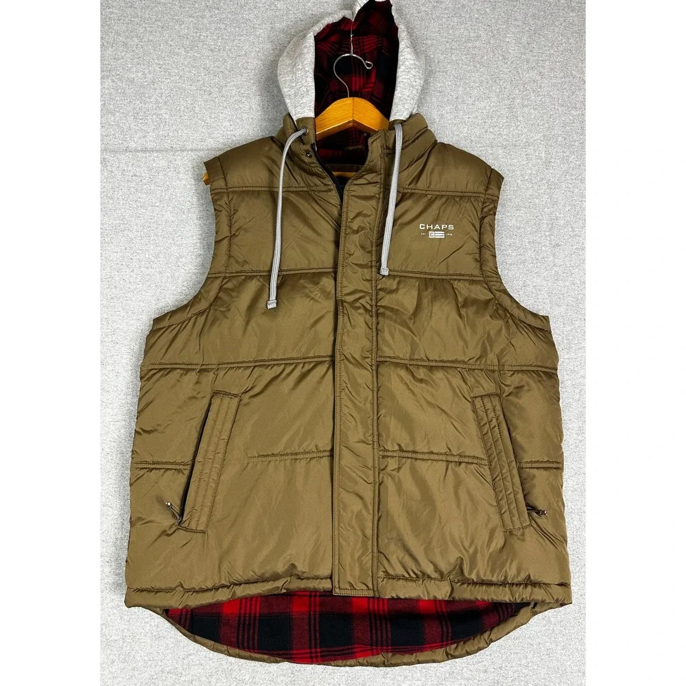 Chaps Blanket Lined Puffer Vest Mens Large Brown Plaid Flannel Lined Hooded